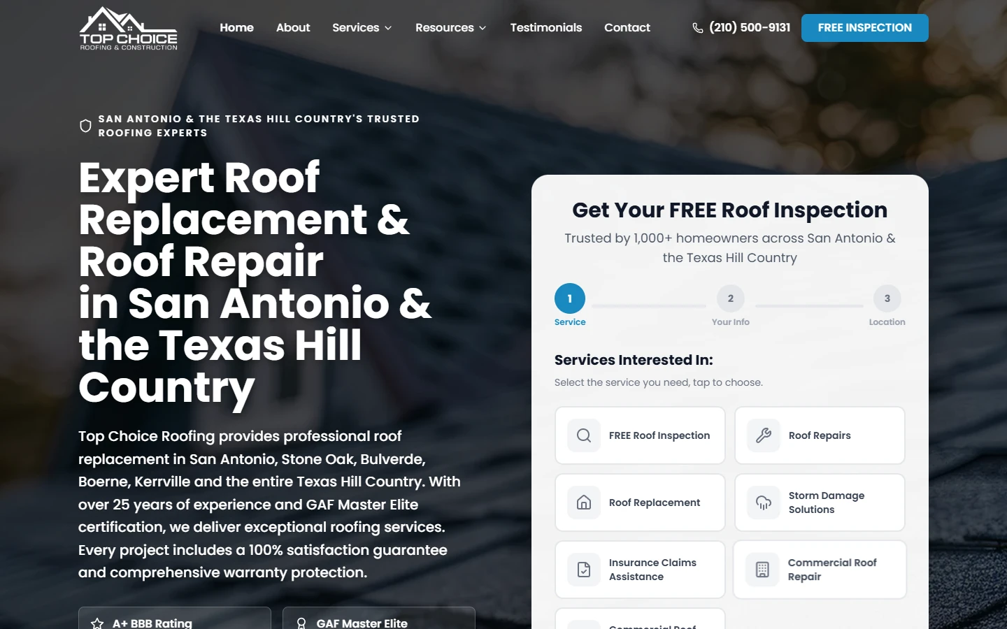 The Top Choice Roofing and Construction website, featuring its San Antonio roofing team and services